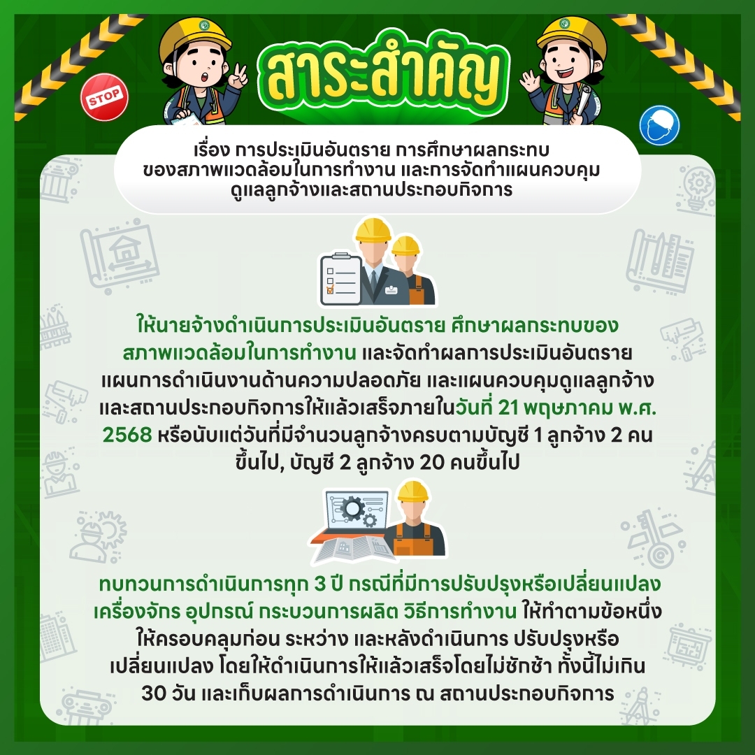 สาระสำคัญ ประกาศกระทรวงแรงงาน เรื่อง การประเมินอันตราย การศึกษาผลกระทบของสภาพแวดล้อมในการทำงาน และการจัดทำแผนควบคุมดูแลลูกจ้างและสถานประกอบกิจการ
