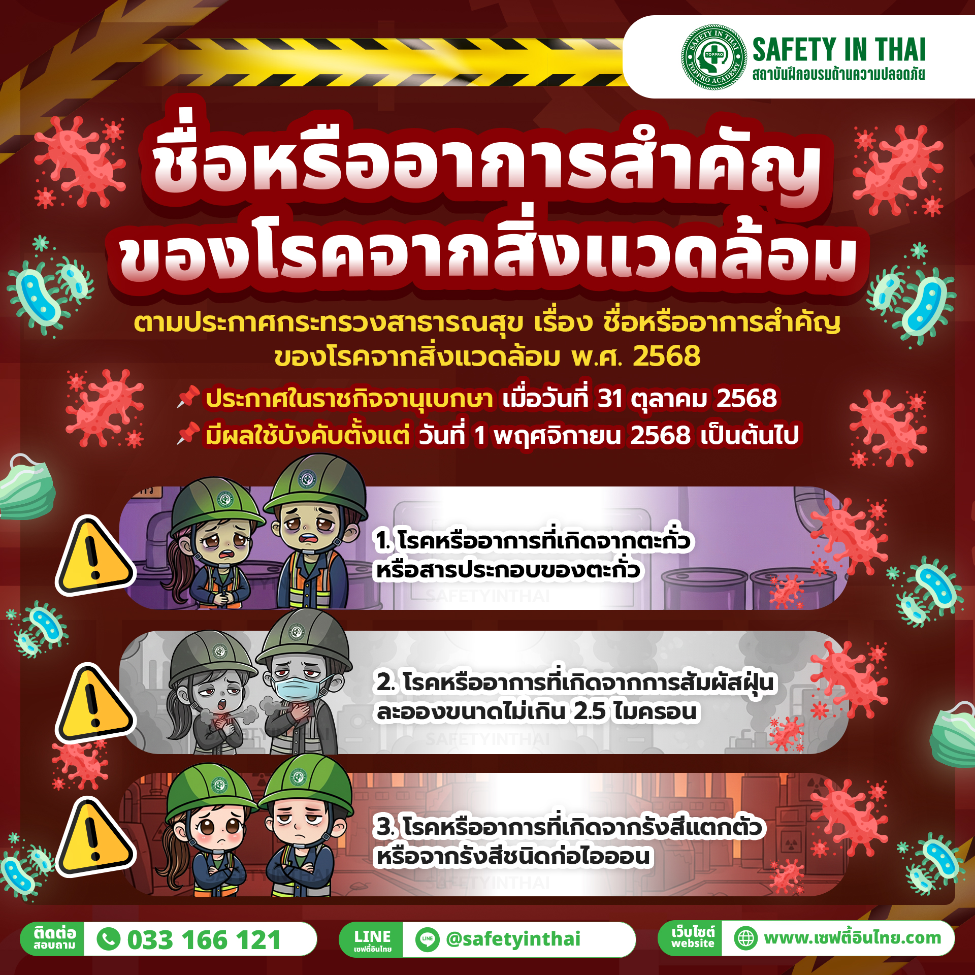 ตัวอย่างโรคสำคัญที่เกี่ยวข้องกับสิ่งแวดล้อม (ประกาศปี 2568)