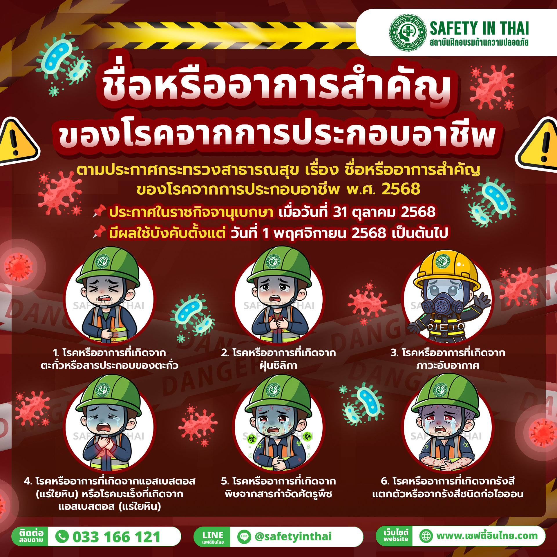 ตัวอย่างโรคสำคัญที่เกี่ยวข้องกับการประกอบอาชีพ (ประกาศปี 2568)