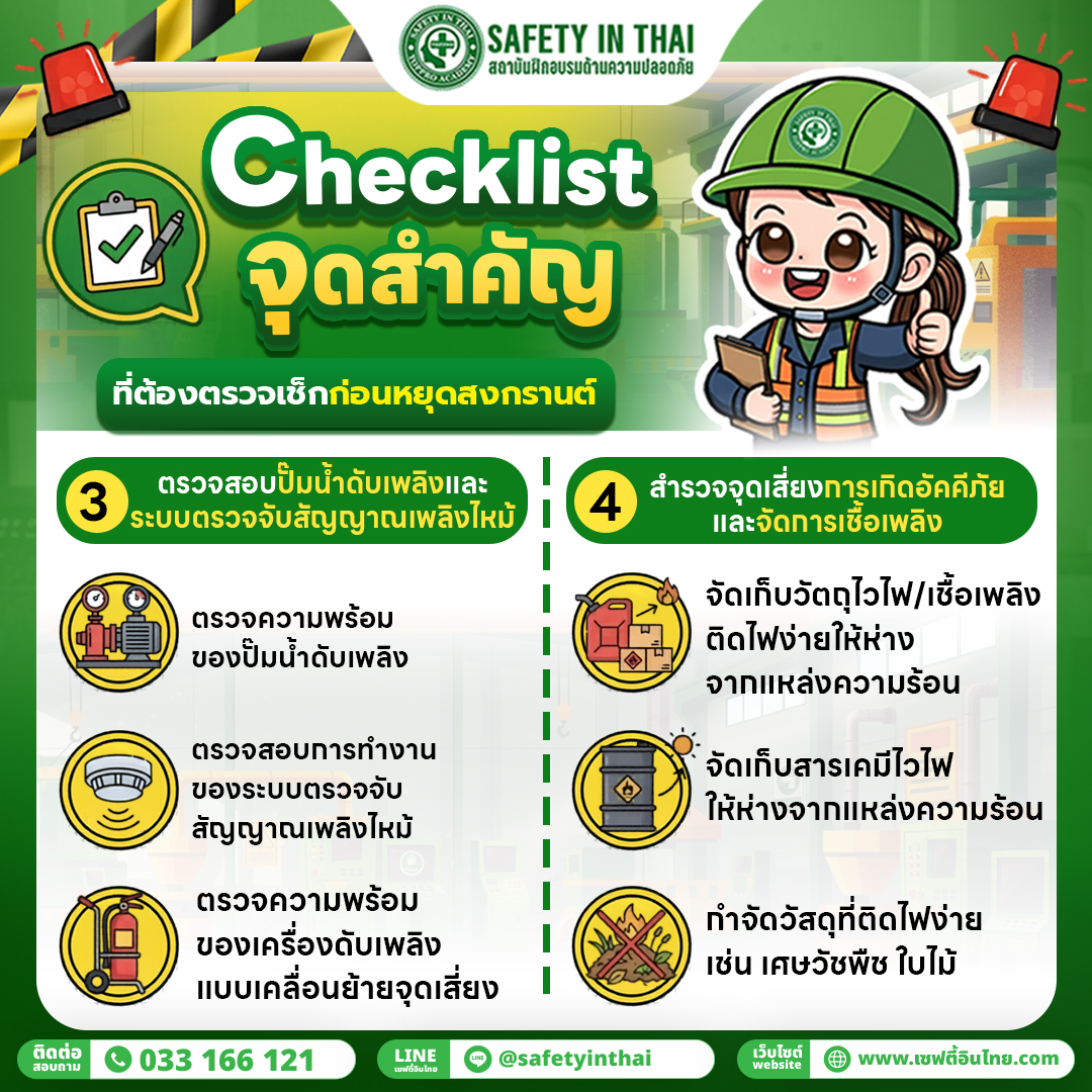 ตรวจสอบระบบดับเพลิงและสัญญาณเตือน และ สำรวจจุดเสี่ยงและจัดการเชื้อเพลิง