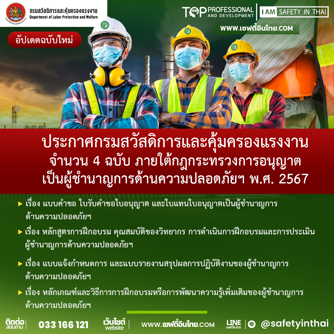 ประกาศกรมสวัสดิการและคุ้มครองแรงงาน ภายใต้กฎกระทรวงการอนุญาตเป็นผู้ชำนาญการด้านความปลอดภัยฯ พ.ศ. 2567